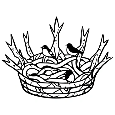 A detailed crown of thorns intricately woven together, featuring sharp, pointed branches. Small birds perched within the crown, with their delicate bodies nestled among the thorns. The birds are various sizes and shapes, creating a balanced composition. Some birds are facing outward while others are tucked in, surrounded by the twisted, rugged texture of the thorns.