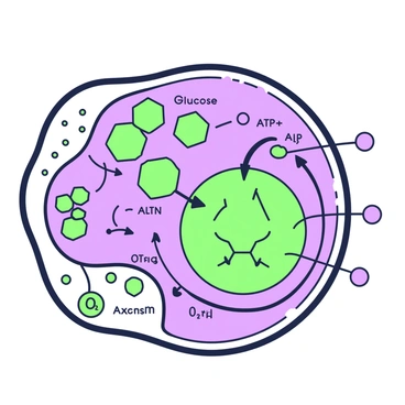 A close-up view of a cell interior where glycolysis is occurring under anaerobic conditions. The cell membrane is visible, showcasing its lipid bilayer structure. Inside, there are various organelles, including mitochondria and ribosomes, creating a busy, cellular environment. Several glucose molecules are present, represented as hexagonal structures, being broken down through a series of enzymatic reactions. The pathway of glycolysis is illustrated with arrows and labels indicating key intermediate compounds such as pyruvate and ATP. There is a noticeable absence of oxygen, represented by a lack of O2 molecules, emphasizing the anaerobic conditions.