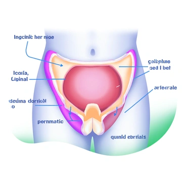 A clear anatomical diagram depicting the human body with a focus on the inguinal region. The diagram highlights the area of an "inguinal hernia" with a prominent red outline. Anatomical labels indicate key structures such as the "pubic bone," "inguinal canal," and "spermatic cord." The surrounding muscles and tissues are illustrated in soft pastel colors for clarity, providing a detailed view of the anatomy involved.