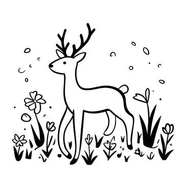 A roe deer standing gracefully in a field. The deer is surrounded by various types of "blossoming flowers," including daisies and tulips, scattered across the ground. There are several "budding trees" in the background, showcasing small leaves and fresh sprouts typical of spring. Delicate petals from the flowers are gently drifting in the air, creating a lively atmosphere. The ground is covered in a mix of grass and wildflowers, enhancing the natural setting.