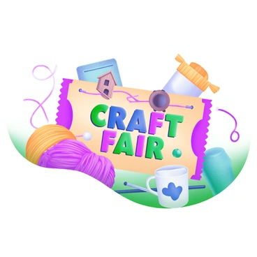 A craft fair ticket featuring the words "Craft Fair" prominently in bold, colorful letters. Surrounding the text are illustrations of various handmade goods, including a small wooden birdhouse, a knitted scarf, and a hand-painted ceramic mug. Colorful skeins of yarn in shades of pink, blue, and yellow are scattered around the ticket, along with a pair of knitting needles crossed at the bottom. The overall design is vibrant and eye-catching, inviting attendance to the event.