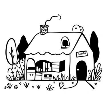 A quaint cottage nestled in a serene landscape, surrounded by tall trees and lush greenery. The cottage has a thatched roof and a stone chimney emitting wisps of smoke. A wooden door is slightly ajar, revealing a glimpse of a cozy interior filled with books scattered on a table and a flickering candle. Outside, a small garden grows wild with various herbs and flowers. "Solitude" is written in elegant script on a wooden sign hanging by the door. A narrow path leads away from the cottage, disappearing into the dense forest.
