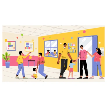A school open house event with parents and children walking through brightly colored classrooms. In the first classroom, a mother with curly hair kneels beside her son, pointing at a colorful poster on the wall. In another room, a father holds hands with his daughter as they explore a reading corner filled with books and cushions. Students sit at desks, excitedly showing their projects to the visiting parents. Balloons and streamers decorate the hallways, creating a festive atmosphere. Bright bulletin boards display student artwork and achievements.