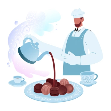A server in a luxurious Dubai café is pouring "Arabian coffee" from a traditional coffee pot. The coffee cascades over an assortment of "chocolates" arranged elegantly on a decorative plate. The chocolates are presented in various shapes and sizes, glistening under soft lighting. The background features intricate patterns and rich textures that evoke a sense of opulence. A small ornate cup for the coffee rests beside the plate, adding to the luxurious presentation.