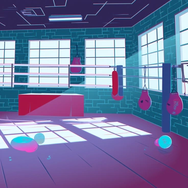 An empty boxing gym with various equipment, gloves hanging on the wall, and sunlight streaming in