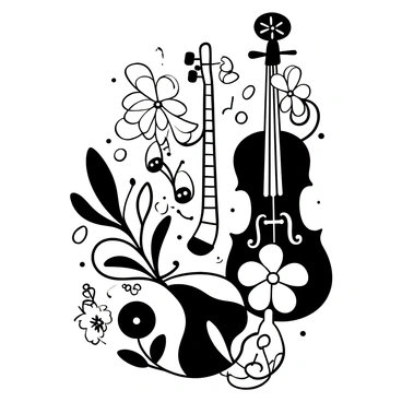 An intricate arrangement of various musical instruments, including a violin, a flute, and a trumpet, is intertwined with flowing musical notes. Delicate floral patterns wrap around the instruments, creating a harmonious composition. The design features ornate curves and swirls, with some blossoms emerging from the instruments themselves, enhancing the overall elegance of the scene.