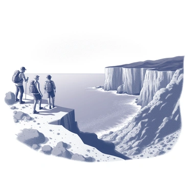 A group of hikers is navigating a rugged trail along steep cliffs. The trail features rocky terrain and uneven surfaces. In the background, the expansive coastline of the French Riviera is visible, showcasing a dramatic drop to the sea below. The hikers, dressed in outdoor gear, are engaged in conversation, with some pausing to take in the breathtaking scenery. The cliffs are dotted with sparse vegetation, and the ocean waves crash against the rocks far beneath them. The sky above is clear, allowing for a wide view of the horizon.