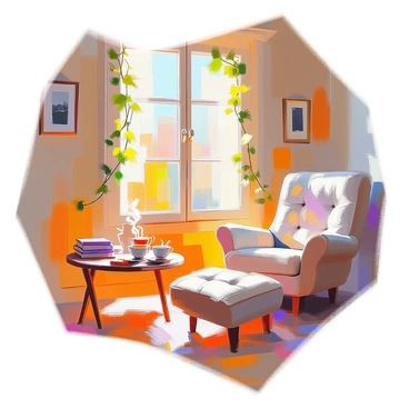 A cozy room featuring warm, soft lighting that creates a welcoming atmosphere. There is a window with a view that is partially obscured by delicate ivy tendrils climbing up the side. The window frame is rustic, made of wood, and lets in natural light that highlights the textures of the room. A comfortable armchair with a patterned fabric is positioned nearby, and a small wooden table holds a steaming cup of tea. The walls are adorned with photographs and a few books are stacked on a nearby shelf, adding to the inviting feel of the space.