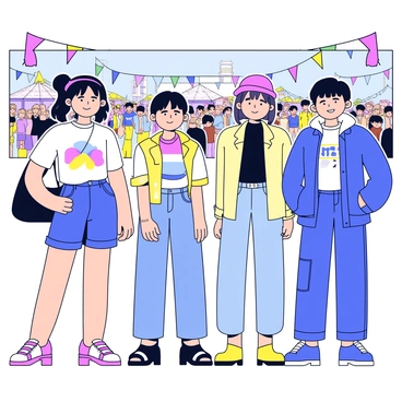 A group of four teenagers stands together at a music festival. Each teenager is dressed in a unique outfit that showcases a blend of various Korean fashion trends. The first teenager wears an oversized graphic t-shirt paired with baggy denim shorts and colorful sneakers. The second teenager sports a fitted crop top with a flowy skirt and platform sandals. The third teenager has on a layered outfit featuring a long, open cardigan over a turtleneck and skinny jeans. The fourth teenager showcases a streetwear look with a bucket hat, a printed hoodie, and cargo pants. The background includes festival decorations and a crowd of other festival-goers enjoying the event.