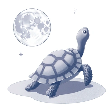 A turtle gazing up at a large, bright moon in a clear night sky