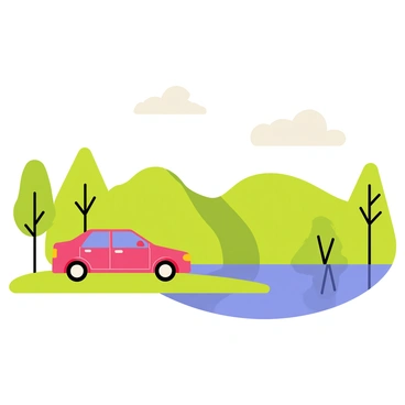A car parked next to a tranquil lake, surrounded by rolling hills