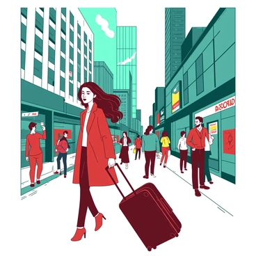 A woman with long brown hair is walking down a busy city street while pulling a sleek black suitcase behind her. She is wearing a red coat and has a determined expression on her face. Tall skyscrapers in shades of teal and white loom above her, reflecting the sunlight. People are bustling around her, some looking at their phones and others engaged in conversation. The street is filled with various storefronts, and colorful signage can be seen in the background.