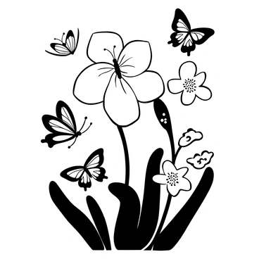 A collection of butterflies with intricate wing patterns fluttering around large freesia blooms. The freesia flowers are fully open, showcasing their delicate petals. The butterflies are in various positions, some hovering near the blossoms while others are mid-flight. The setting is a garden, with additional foliage and leaves subtly framing the scene.