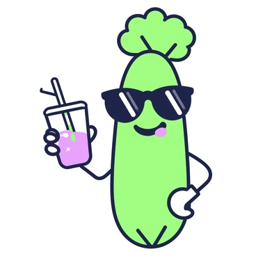 A cheerful cartoon celery character stands upright with a big smile. The celery has a bright green color and is topped with a tuft of leafy greens. It wears stylish black sunglasses that reflect light. In its right hand, the celery character holds a vibrant smoothie in a transparent cup with a straw, showcasing a mix of colors. The character has a slight tilt, giving it a lively and playful posture. The background features a simple layout that complements the character without drawing attention away from it.