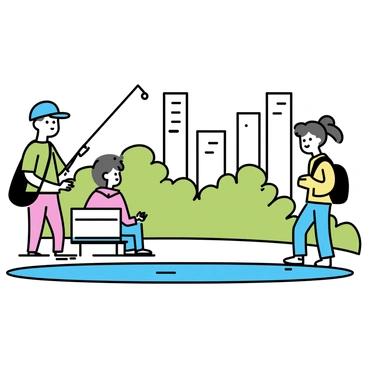 A group of three city dwellers is standing by a small pond in an urban park. One person, wearing a blue baseball cap and a green t-shirt, is casting a fishing line into the water. Another person, dressed in a red jacket and jeans, is sitting on a bench nearby, holding a fishing rod with a focused expression. The third person, in a yellow hoodie, is standing and looking out at the pond, with a backpack resting on the grass beside them. In the background, tall skyscrapers rise against a clear blue sky, contrasting with the lush greenery of the park.