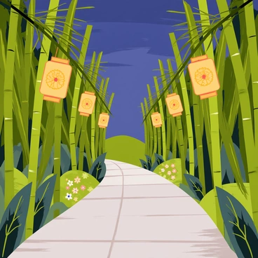 A narrow path surrounded by lush green foliage, illuminated by "traditional paper lanterns" hanging from tall "bamboo stalks." The lanterns are decorated with intricate patterns and glow softly in shades of orange and yellow. The "bamboo" is tall and slender, swaying gently in a light breeze. The path is lined with small "flowering plants" that add pops of color, enhancing the enchanting ambiance of the scene. The sky is a deep indigo, hinting at twilight, casting a serene light over the setting.