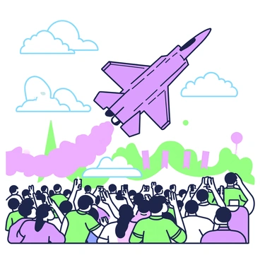 An F35 jet is performing acrobatics at an airshow. The jet is depicted in mid-flight, angled sharply as it maneuvers through the sky, with smoke trailing behind it. Below, a large crowd of spectators is gathered, looking up in awe. Some are holding cameras and smartphones, capturing the aerial performance. In the background, a clear sky is present, dotted with a few fluffy clouds. There are colorful flags and banners surrounding the event area, adding to the lively atmosphere.