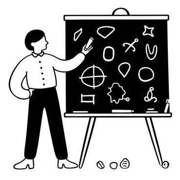 An illustration professor stands beside a large blackboard filled with various drawing techniques. The professor holds a piece of chalk, demonstrating a specific technique. Diagrams and sketches of shapes and figures are drawn on the board, showcasing different styles and methods. There are additional chalk pieces scattered on a nearby table, and a few drawing tools, such as pencils and erasers, are positioned next to the board. The overall scene conveys an educational atmosphere focused on the art of illustration.