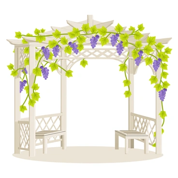 A romantic gazebo made of white wood with intricate latticework. The gazebo is entwined with lush green grapevines, creating a natural canopy. Numerous clusters of plump purple and green grapes hang from the vines, adding color and texture to the scene. Soft sunlight filters through the leaves, casting gentle shadows on the ground below. Small benches are placed inside the gazebo, inviting couples to sit and enjoy the serene atmosphere.