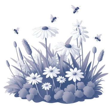 A garden filled with a variety of plants and flowers. There are several distinct flower types, with varying shapes and sizes, providing a rich texture throughout the scene. Bees are actively flying around the flowers, their wings spread wide as they hover near the blooming petals. The sun shines down, casting shadows from the plants onto the ground. The lush greenery provides a backdrop, enhancing the vibrant presence of the flowers and the busy bees within the garden.