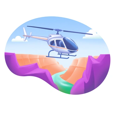 An R66 helicopter is shown hovering above the Grand Canyon. The helicopter has a sleek design with a shiny exterior, reflecting the sunlight. Below, the Grand Canyon stretches out with its layers of red and orange rock formations. The sky is a clear blue with a few fluffy white clouds scattered. In the distance, the Colorado River can be seen winding through the canyon, glistening as it catches the light. The scene conveys the vastness and beauty of the landscape beneath the helicopter.