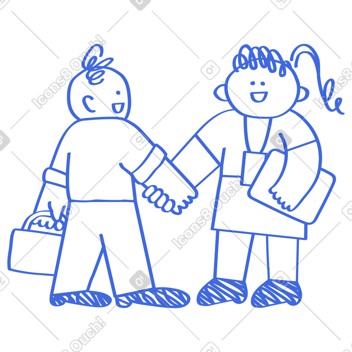 Ilustração de Colleagues shaking hands confirming partnership with briefcase and document folder em no estilo Ballpoint Pen para baixar em PNG, SVG