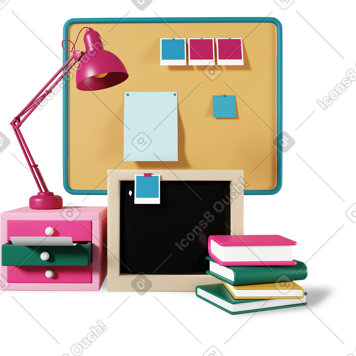 Cassettiera da ufficio con libri, lampada, moodboard e lavagna illustrazione in stile 3D Plastic people scarica in PNG, SVG