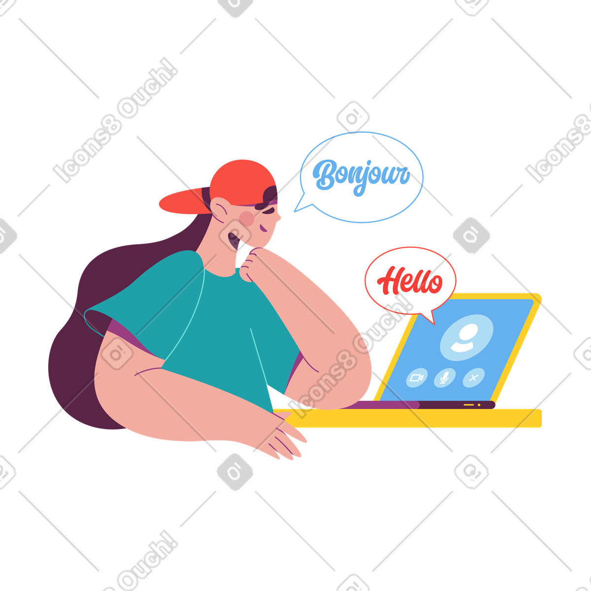 Student practicing languages on video call, Language exchange platform illustration in Sammy style download in PNG, SVG