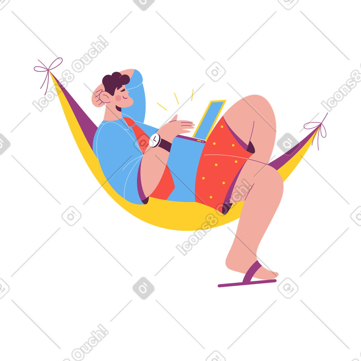 Remote employee working on laptop while relaxing in hammock, Digital nomad lifestyle illustration Sammy style download PNG, SVG