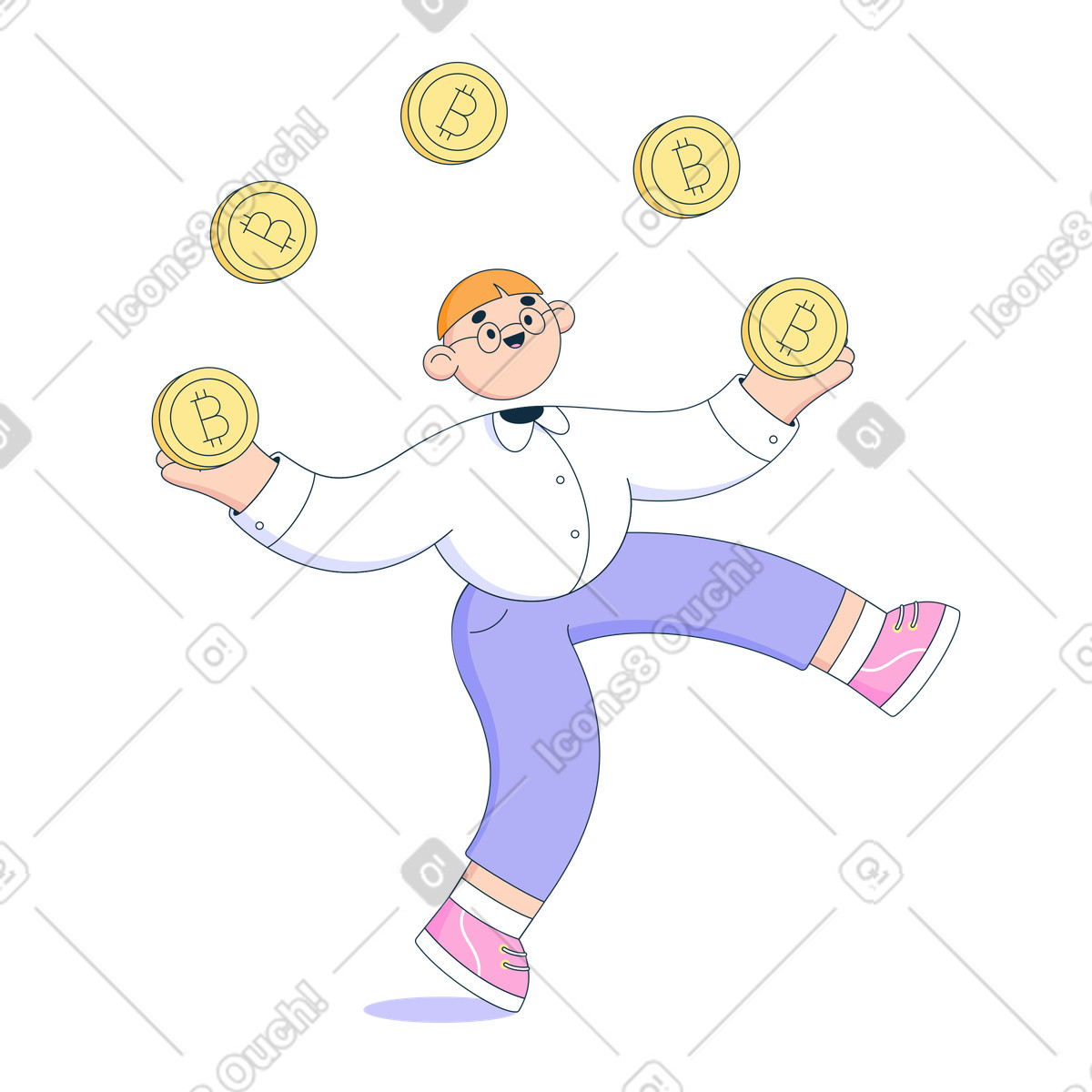 Uomo felice che gioca con i bitcoin illustrazione in stile Bubble gum scarica in PNG, SVG