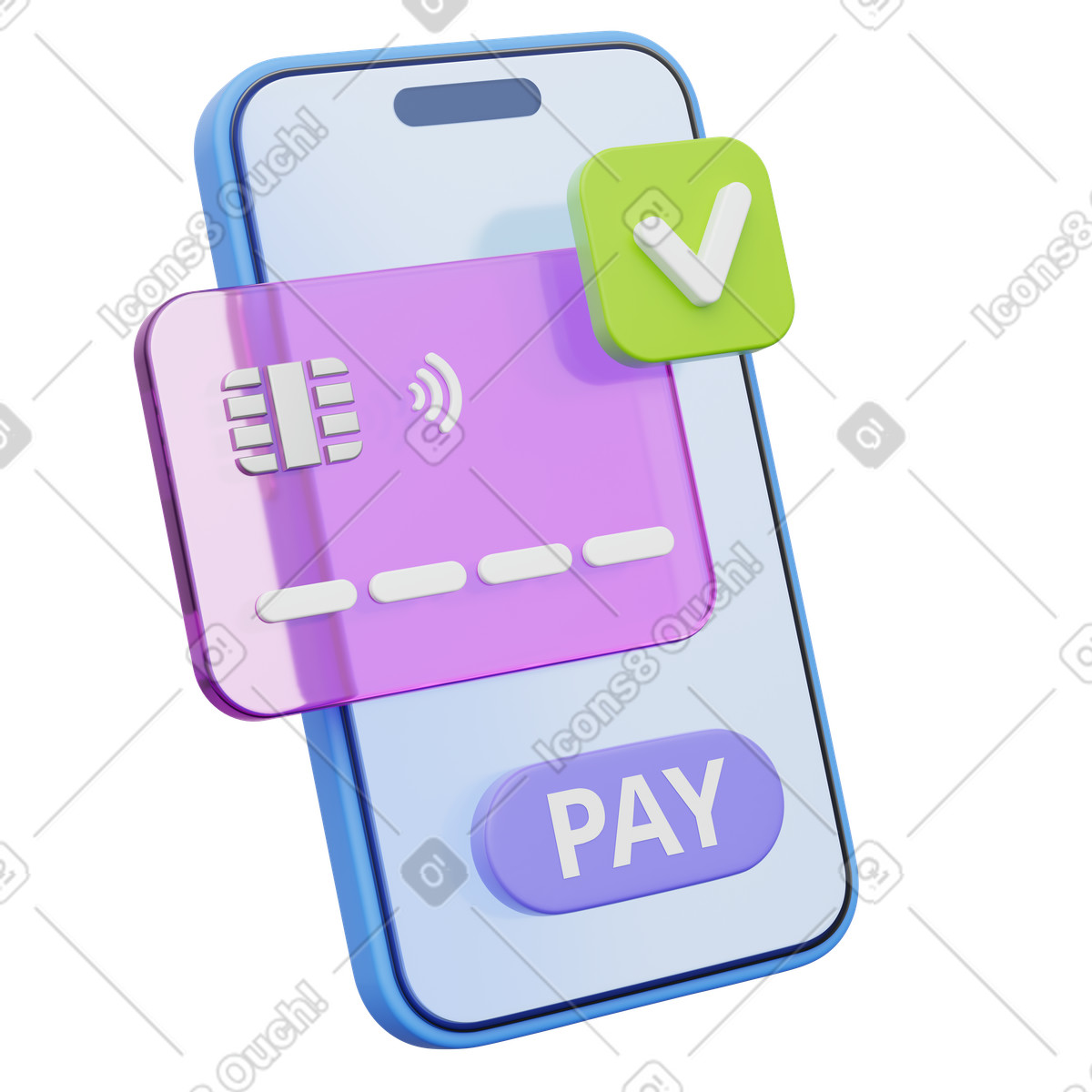 Payment success confirmation, Phone with credit card and checkmark, Completed transaction icon illustration in 3D Playful style download in PNG, SVG