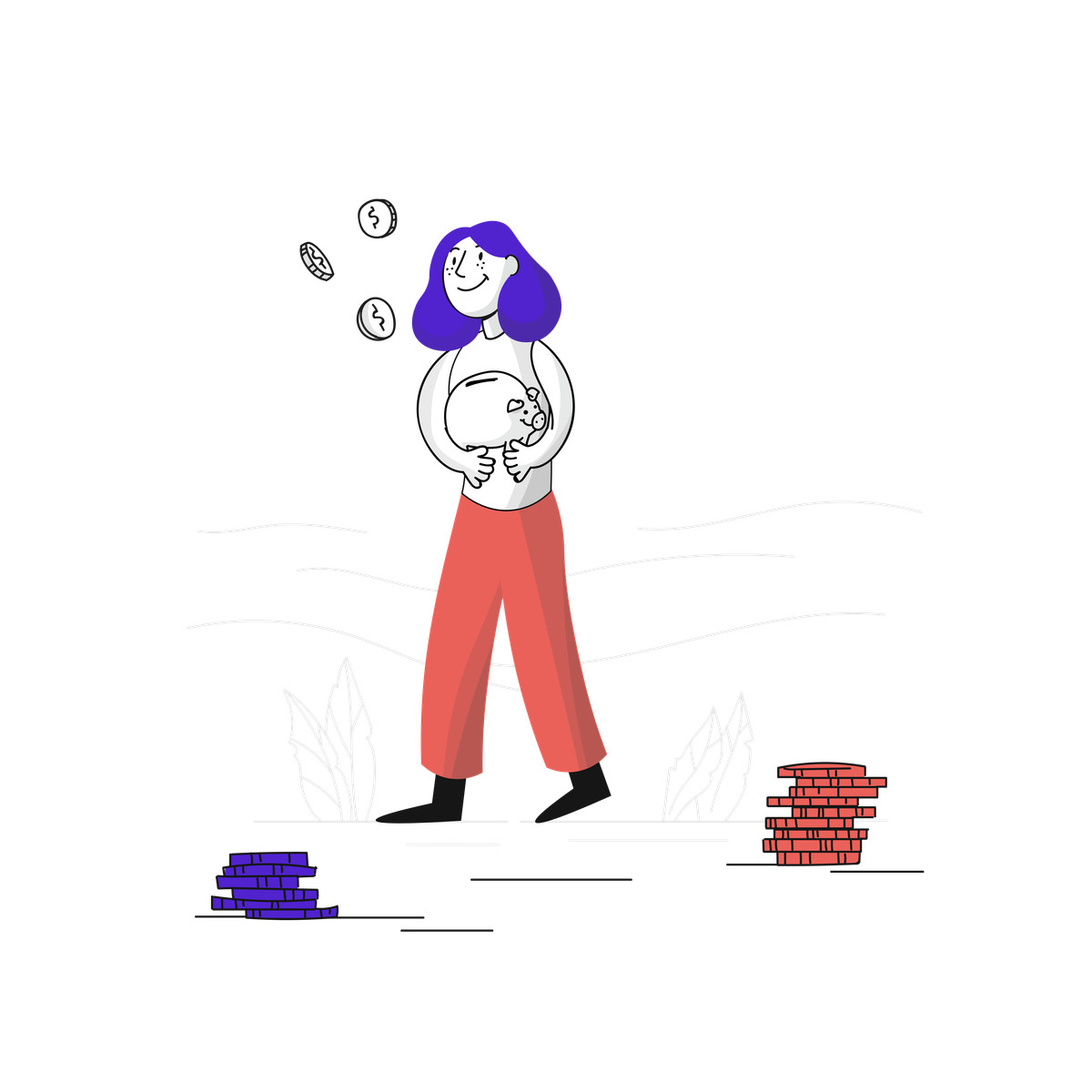 Ilustração de Happy saver with stacked coins and piggy bank, Personal savings budgeting em no estilo Pixeltrue para baixar em PNG, SVG