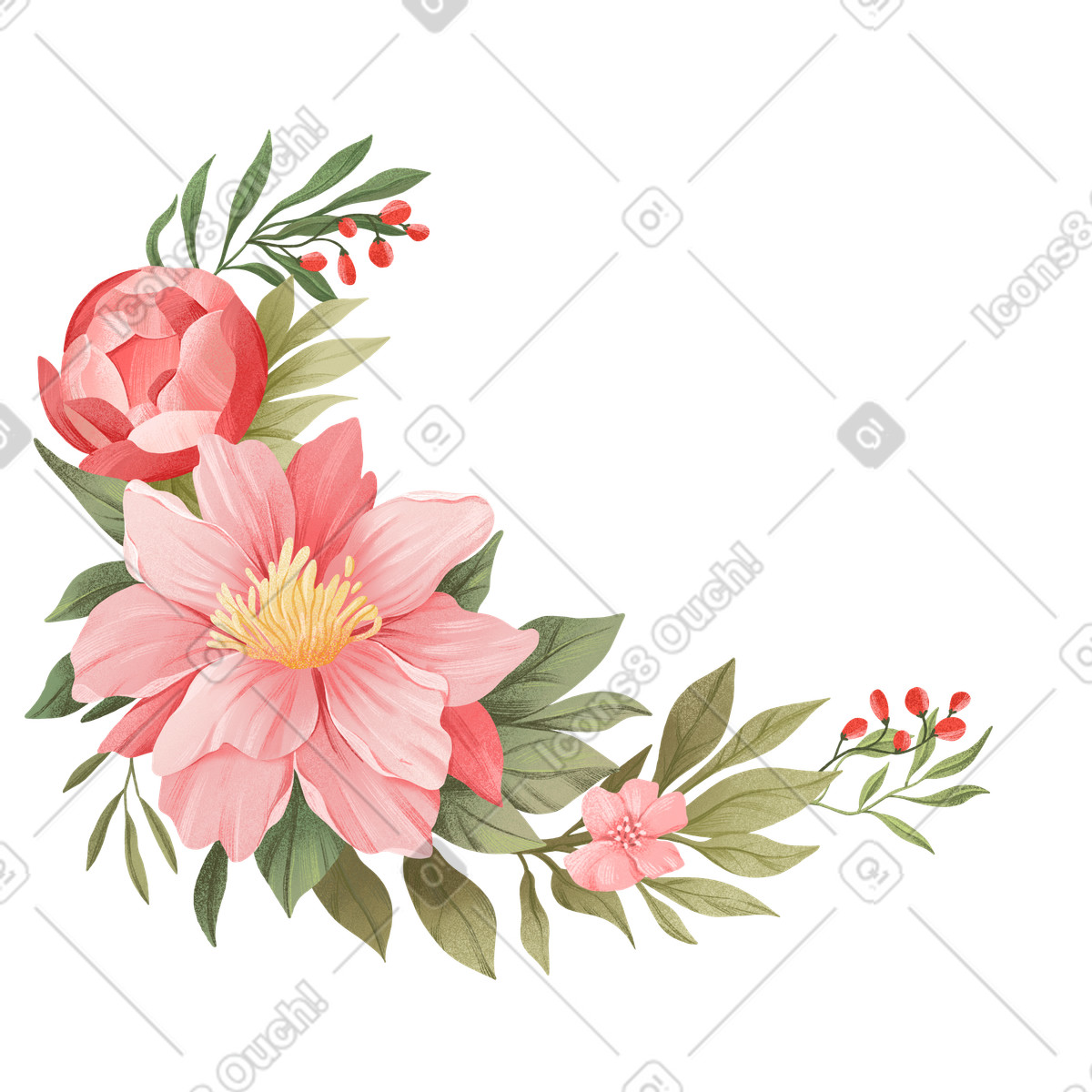 Fiori rosa disposti a semicerchio tra foglie verdi illustrazione in stile Floral scarica in PNG, SVG