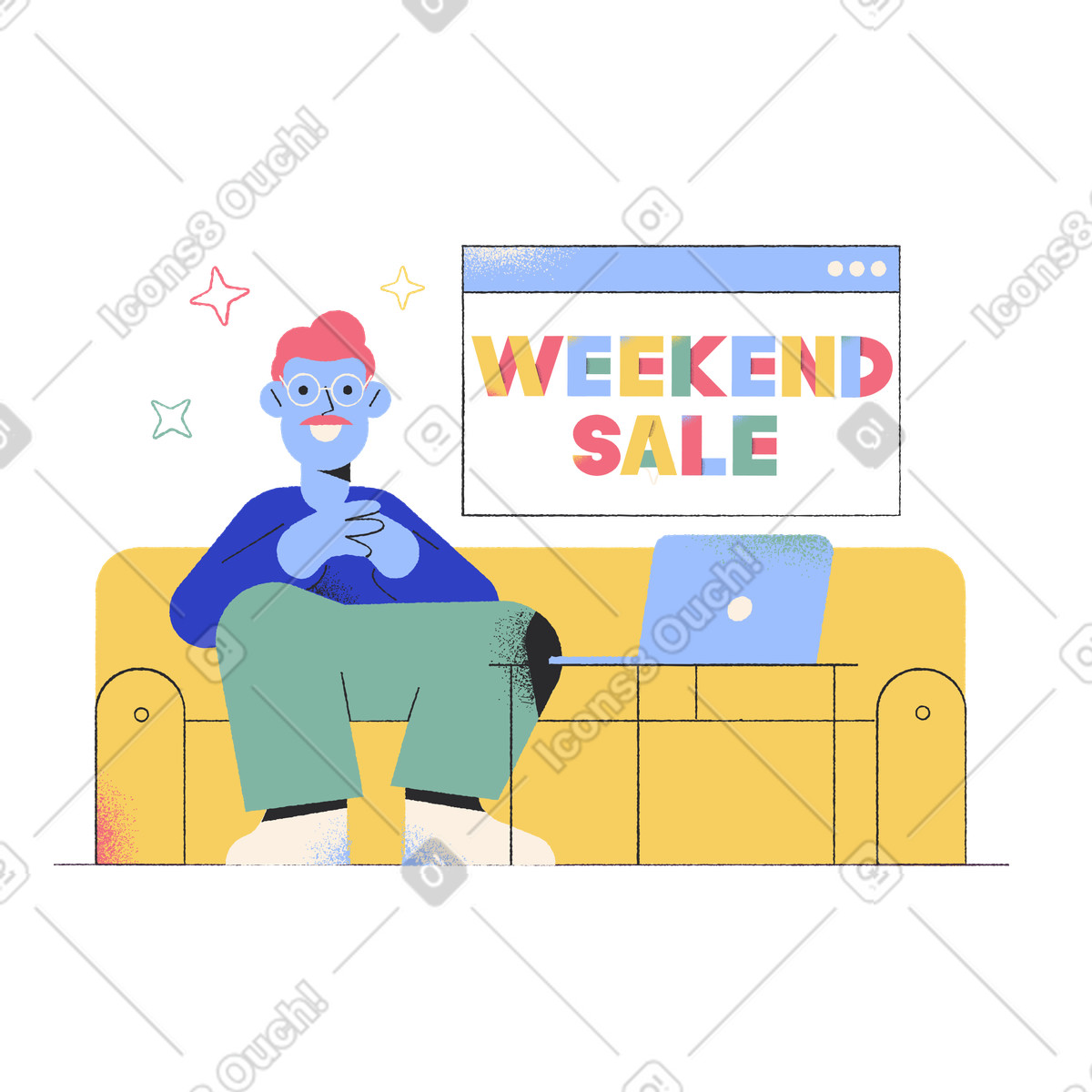 Ilustración Venta de fin semana letras con el hombre en sofá estilo Pablo a descargar PNG y SVG