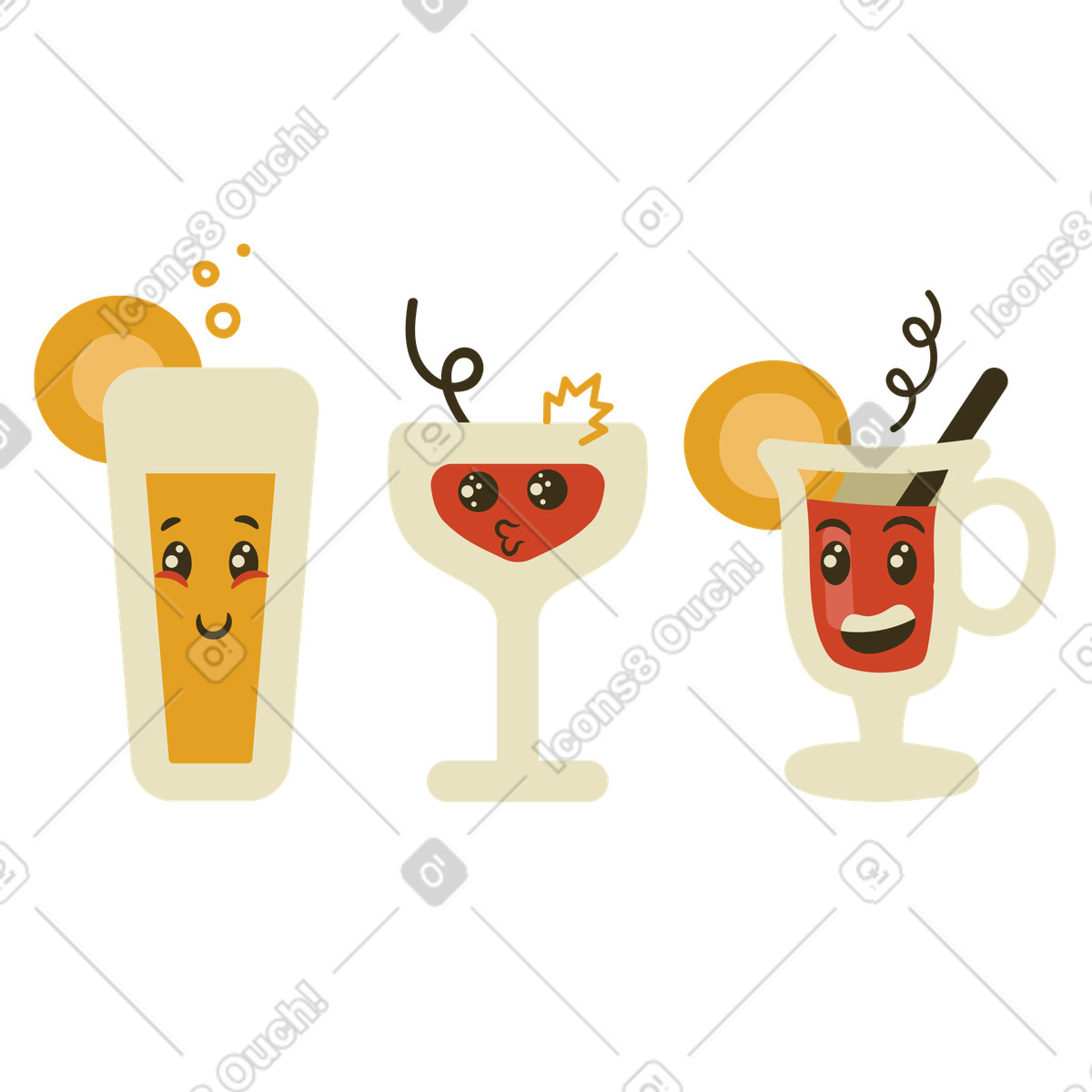 Cocktail alcolici con volti per la festa illustrazione in stile Arabica scarica in PNG, SVG
