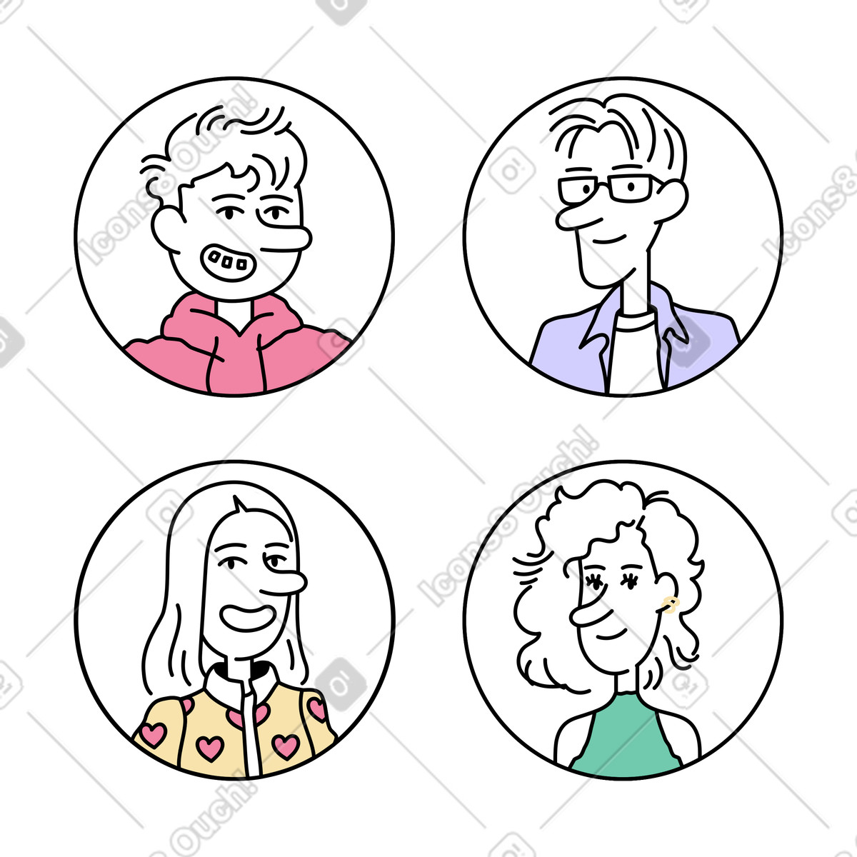 Notes 스타일의 Portraits in rounded frames, Social media avatar pack 일러스트레이션 PNG, SVG 다운로드