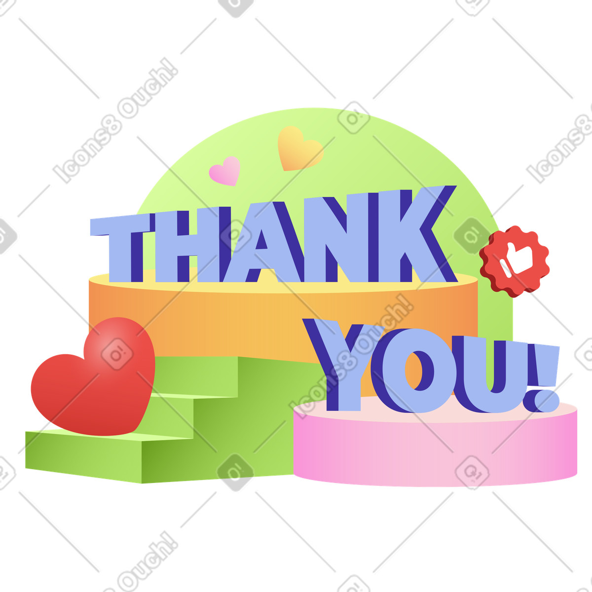 Lettering Thank You! with hearts and like text illustration in Levels style download in PNG, SVG