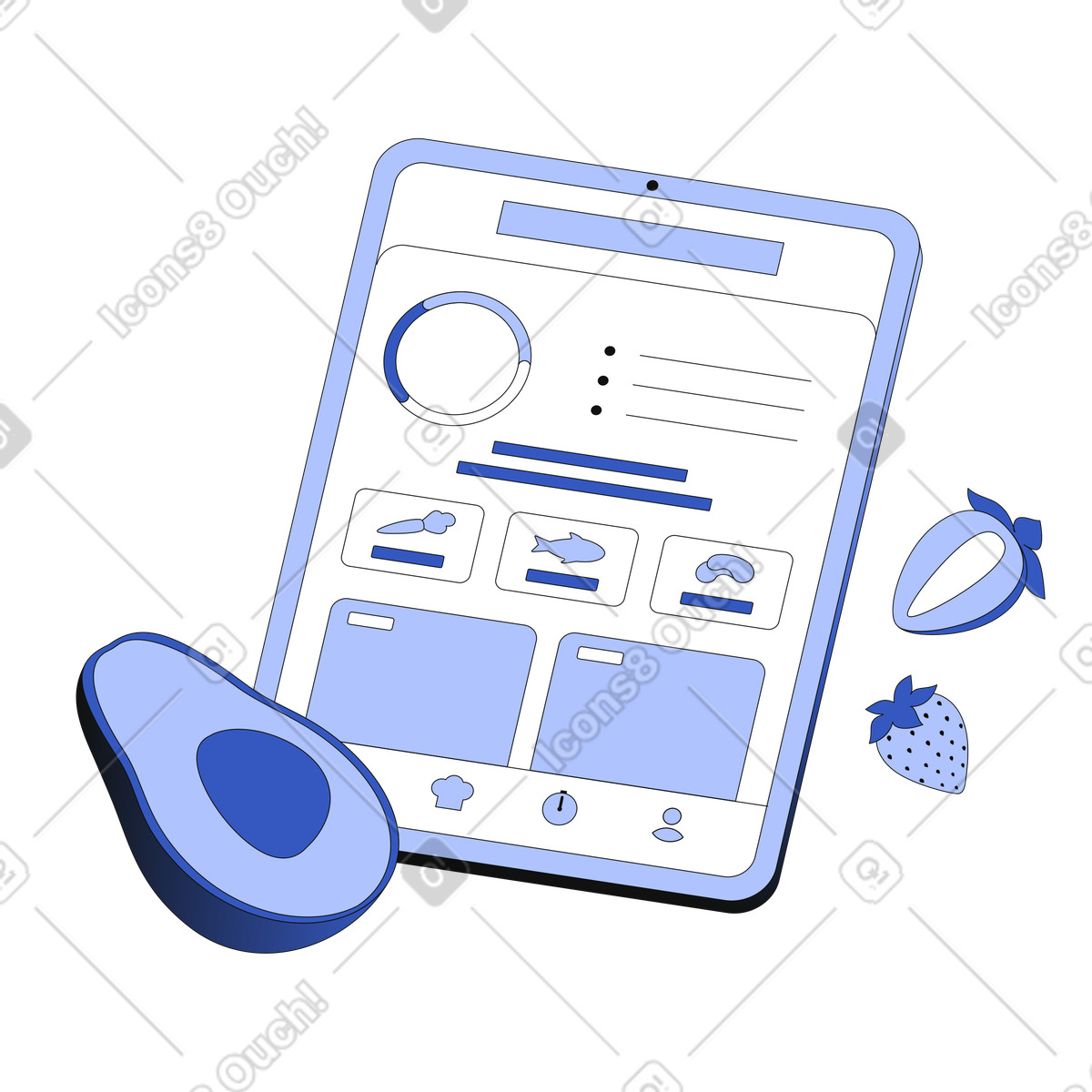 Illustration Application de repas sains sur tablette dans le style Techny à télécharger aux formats PNG, SVG