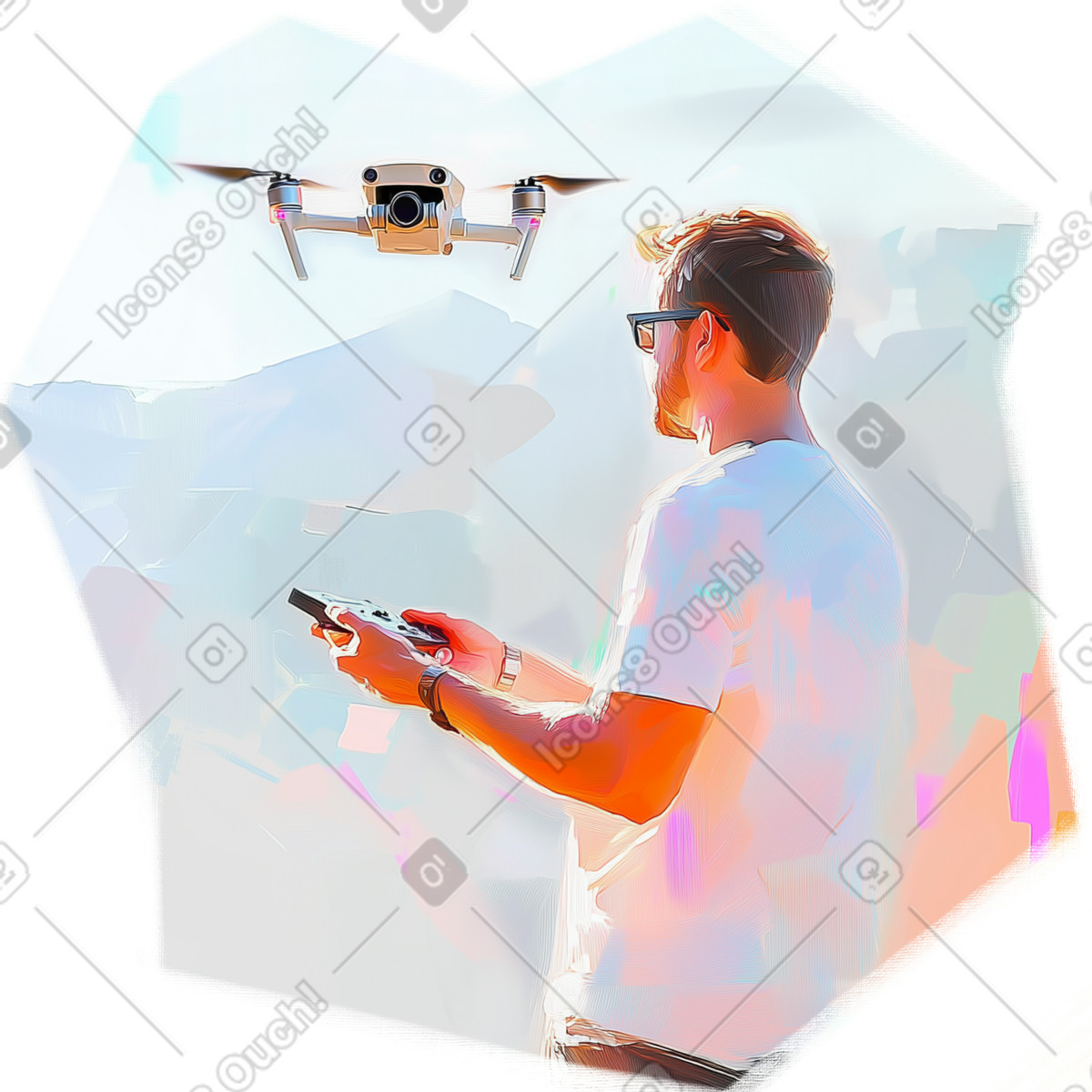 Ilustração de Pintura a óleo homem controlando drone voador em no estilo Pictorial para baixar em PNG, SVG