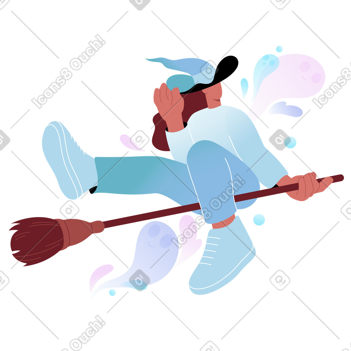 Ilustração de Bruxa moderna voando na vassoura em no estilo Airy para baixar em PNG, SVG