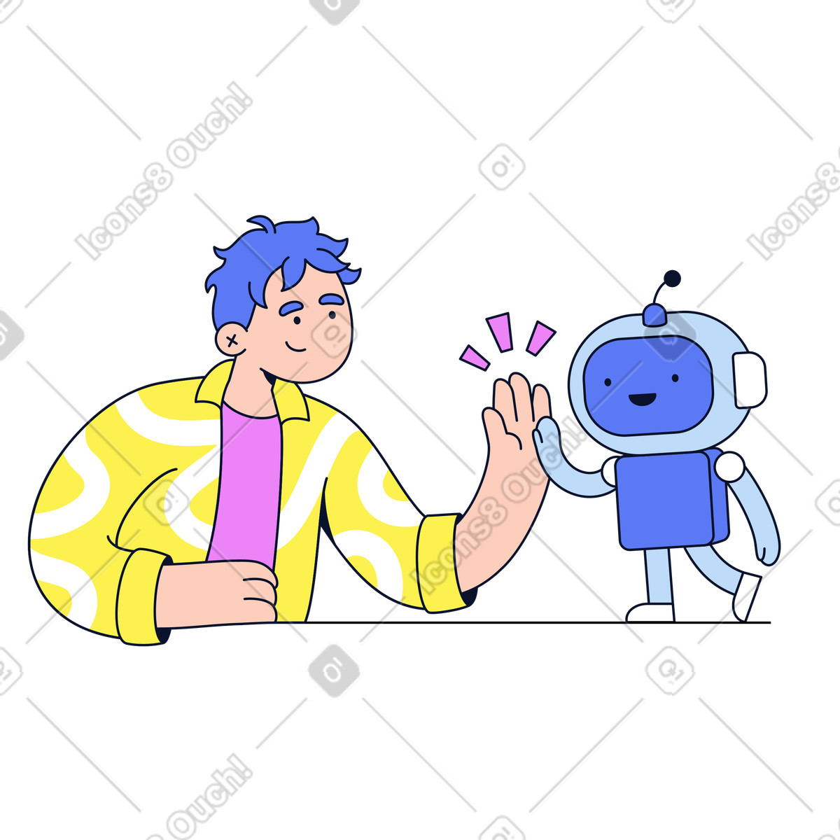 Giving robot a high-five, Teamwork between humans and AI-Illustration im Flexy-Stil als Download in PNG, SVG