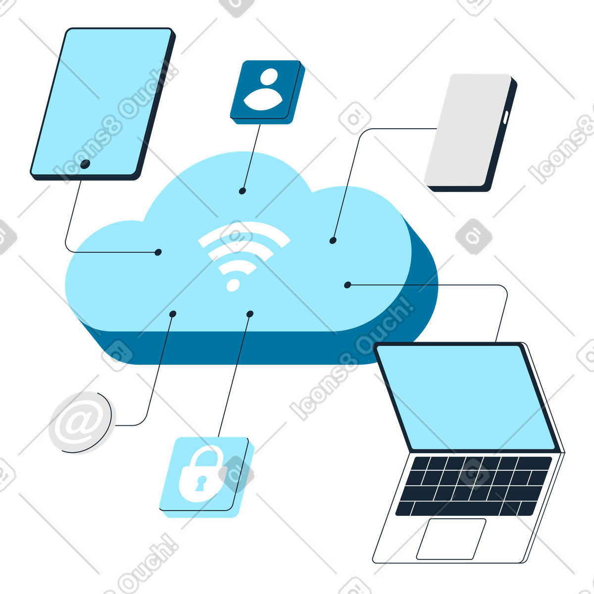 Multiple devices connected to cloud, Remote connectivity in IoT illustration Indigo style download PNG, SVG