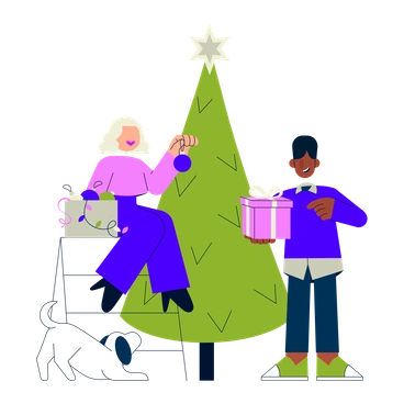 A woman and man decorating a Christmas tree - Cubes style illustration