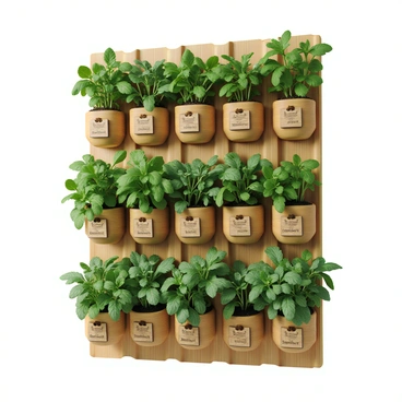 A vertical garden wall made of wooden panels features an array of lush green herbs. The wall has multiple pockets or containers filled with soil, in which different types of herbs, including basil, mint, and rosemary, are planted. Some herbs are staked with thin bamboo poles to encourage upward growth. The leaves are vibrant and healthy, showcasing various shades of green. Small, decorative labels made of wood mark each type of herb, adding a rustic touch to the structure. The background reveals a light-colored surface, enhancing the focus on the vertical garden.