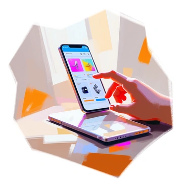 A smartphone sits on a wooden table, displaying a vibrant screen that showcases a user browsing a sleek sales app interface. The app features an organized grid layout with various product images, prices, and a streamlined navigation bar at the bottom. The smartphone screen reflects natural light, highlighting its glossy surface. A hand reaches out to interact with the screen, adding a sense of engagement to the scene. The background is softly blurred, keeping the focus on the smartphone and its content.