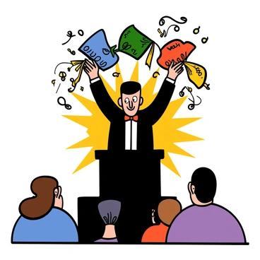 A magician with light skin and short black hair stands on a stage, focused and confident. He is wearing a classic black tuxedo with a white shirt and a red bow tie. In front of him is a large black top hat, from which he is pulling out several colorful money bags. Each bag is decorated with different patterns, and some are green, blue, and red. The magician holds the bags up triumphantly, and his facial expression shows excitement and surprise as the audience watches intently. Bright stage lights illuminate the scene, enhancing the magical atmosphere.