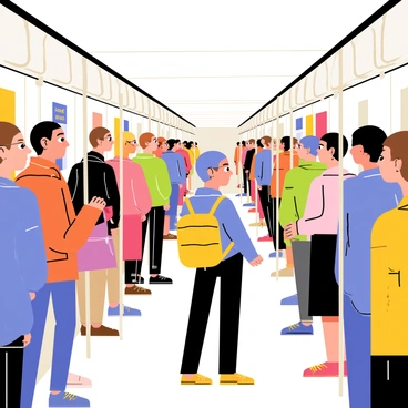 A crowded subway car filled with people standing and sitting, each with distinct clothing and expressions. In the center of the image, a single person stands out, with bright blue hair and a yellow backpack, surrounded by passengers. Their eyes are wide, and their expression is a mix of surprise and curiosity. The other passengers, with various hairstyles and outfits, have their eyes fixed on this individual, creating a sense of focus and attention in the scene. The interior of the subway car is filled with metal poles and advertisements on the walls.
