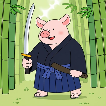 A cartoon pig with light pink skin is dressed in a traditional samurai outfit featuring a dark blue kimono and a matching hakama. The pig has small, expressive eyes and a cheerful smile. It holds a shiny katana with both hooves, the blade reflecting the sunlight filtering through the trees. The setting is a vibrant bamboo forest, with tall green bamboo stalks surrounding the pig. The ground is covered with soft, lush grass, and there are a few scattered leaves fluttering in the gentle breeze. The atmosphere is lively and playful.