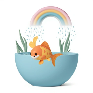 A colorful fish with bright orange and yellow scales is swimming in a clear, sparkling water tank. The fish is playfully positioned under a gentle stream of water, resembling a shower, as droplets cascade down. A vibrant rainbow arcs above, with each color distinctly visible. The background features a few green aquatic plants swaying softly in the water. The fish has a joyful expression, its fins gracefully fanned out, creating a lively scene.