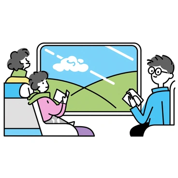 A group of passengers, each in comfortable seats, are relaxing on a train. One passenger, a man wearing a blue jacket and glasses, gazes out of the large window. Another passenger, a woman with curly hair in a green scarf, is reading a book. Scenic views of rolling green hills and a clear blue sky are visible through the windows. Sunlight streams in, casting soft shadows on the passengers and the interior of the train.